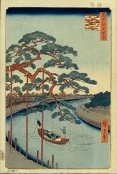 Fünf Kiefern und der Onagi-Kanal, Hundert berühmte Ansichten von Edo, 1856-1858