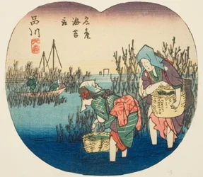Sammeln von Seetang in Omori in Shinagawa (Shinagawa, Omori, meisan nori tori), Abschnitt von Blatt Nr. 1 aus der Serie "Ausschnittbilder der Tokaido-Straße (Tokaido harimaze zue)"