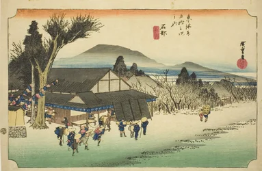 Ishibe: Megawa-Dorf (Ishibe, Megawa no sato), aus der Serie "Dreiundfünfzig Stationen des Tokaido (Tokaido gojusan tsugi no uchi)," auch bekannt als der Hoeido Tokaido