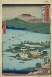 Provinz Kaga: Die Fischfeuer auf dem See Renko, eine der acht landschaftlichen Ansichten von Kanazawa (Kaga, Kanazawa hassho no uchi, Renko no isaribi), aus der Serie "Berühmte Orte in den sechzig Provinzen (Rokujuyoshu meisho zue)"