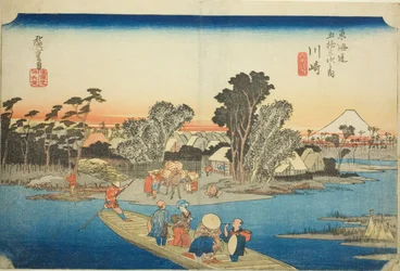 Kawasaki: Die Rokugo-Fähre (Kawasaki, Rokugo watashibune), aus der Serie „Dreiundfünfzig Stationen des Tokaido (Tokaido gojusan tsugi no uchi)“, auch bekannt als Hoeido Tokaido