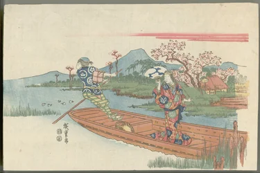 Verrückte Frau auf einer Fähre nahe dem Mokubōji-Tempel (Szene aus dem Nō-Stück Sumidagawa)