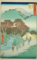 Minakuchi: Die berühmten Kiefern am Fuße des Berges Hiramatsu, Nr. 51 aus der Serie "Berühmte Ansichten der dreiundfünfzig Stationen", auch bekannt als der vertikale Tokaido