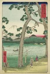 Berg Fuji von links auf der Tokaido-Straße (Tokaido hidari Fuji), aus der Serie "Sechsunddreißig Ansichten des Berges Fuji (Fuji sanjurokkei)"