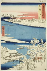 Provinz Musashi: Morgen nach Schnee am Sumida-Fluss (Musashi, Sumidagawa yuki no ashita), aus der Serie "Berühmte Orte in den sechzig Provinzen (Rokujuyoshu meisho zue)"