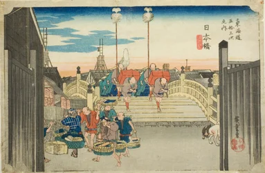 Nihon-Brücke: Morgenszene (Nihonbashi, asa no kei), aus der Serie "Dreiundfünfzig Stationen der Tokaido-Straße (Tokaido gojusan tsugi no uchi)," auch bekannt als Hoeido Tokaido