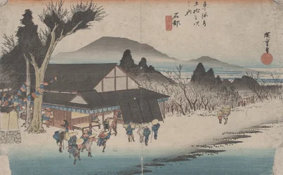 Nr. 52 „Ishibe: Das Dorf Megawa“ aus den 53 Stationen des Tōkaidō, um 1833