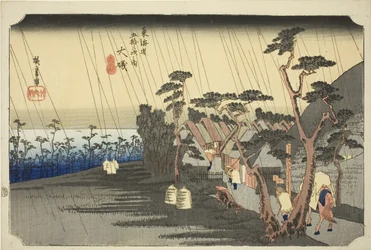 Oiso: Toras Regen, aus der Serie „Dreiundfünfzig Stationen der Tokaido-Straße“, auch bekannt als Hoeido Tokaido