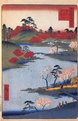 Offener Garten am Hachiman-Schrein in Fukagawa. Hundert berühmte Ansichten von Edo, um 1858