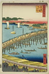 Ryogoku-Brücke und das große Flussufer (Ryogokubashi Okawabata), aus der Serie "Hundert berühmte Ansichten von Edo (Meisho Edo hyakkei)"