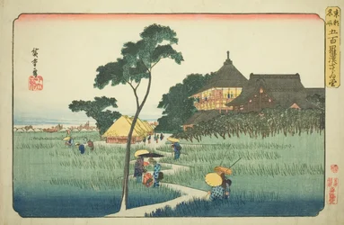 Sazai-Halle im Tempel der fünfhundert Arhats (Gohyaku rakan Sazaido), aus der Serie "Berühmte Orte in der östlichen Hauptstadt (Toto meisho)"
