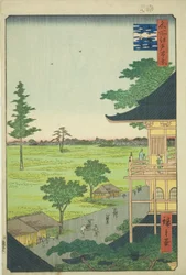 Sazai-Halle des Fünfhundert-Rakan-Tempels (Gohyaku Rakan Sazaido), aus der Serie „Hundert berühmte Ansichten von Edo (Meisho Edo hyakkei)“