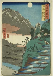 Provinz Shinano: Der Mond spiegelt sich in den Sarashina-Reisfeldern nahe dem Berg Kyodai, aus der Serie Berühmte Orte in den sechzig Provinzen
