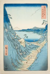 Shiojiri-Pass in der Provinz Shinano, aus der Serie "Sechsunddreißig Ansichten des Berges Fuji (Fuji sanjurokkei)"