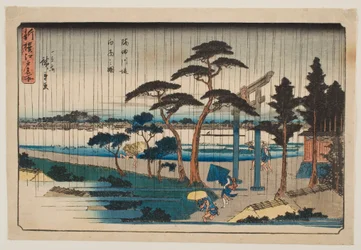 Regenschauer auf einem Damm am Sumida-Fluss, aus der Serie „Neue Auswahl berühmter Orte in Edo“
