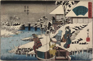 Schneeszene am Mokubo-ji-Tempel und dem Restaurant Uekiya, ca. 1835-1842