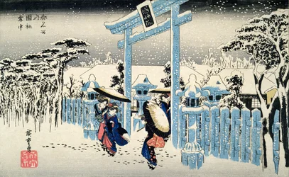 Schnee bei Nacht: junge Frauen verlassen einen Tempel im starken Schneefall, aus der Serie 53 Stationen des Tokaido