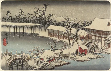 Schnee auf dem Schreingelände von Kameido Tenman, 1832-1834