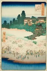 Der Blumenpavillon am Dango-Hang, Sendagi (Sendagi Dangozaka Hanayashiki), Nr.16 aus der Serie "Hundert berühmte Ansichten von Edo (Meisho Edo hyakkei)"