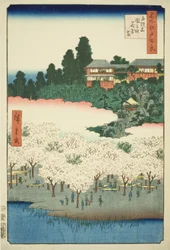Der Blumenpavillon am Dango-Hang, Sendagi (Sendagi Dangozaka Hanayashiki), aus der Serie "Hundert berühmte Ansichten von Edo (Meisho Edo hyakkei)"