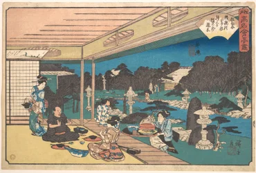 Das Restaurant Musashiya, Ushijima (Ushijima, Musashiya), aus der Serie Eine Sammlung berühmter Restaurants von Edo (Edo Kōmei Kaitei Zukushi)