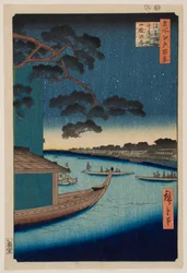 Die Treffpunkt-Kiefer am Asakusa-Fluss und das Oumaya-Ufer des Sumida-Flusses, aus der Serie „Hundert berühmte Ansichten von Edo“