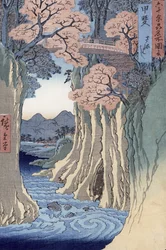 Die Affenbrücke in der Provinz Kai, aus der Serie „Rokujū-yoshū meisho zue“ („Berühmte Orte aus den 60 und weiteren Provinzen“)