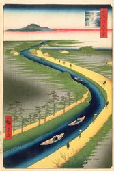 Schleppkähne entlang des Yotsugi-dori-Kanals, Platte 33 aus der Serie Einhundert berühmte Ansichten von Edo, Edo-Periode, Ansei-Ära, 1857