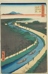 Schleppboote entlang des Yotsugidori-Kanals (Yotsugidori yosui hikifune), Nr. 33 aus der Serie "Hundert berühmte Ansichten von Edo (Meisho Edo hyakkei)"