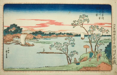 Ansicht von blühenden Kirschbäumen entlang des Sumida-Flusses, aus der Serie "Berühmte Ansichten der östlichen Hauptstadt"
