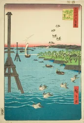 Blick auf die Shiba-Bucht (Shibaura no fukei), aus der Serie "Hundert berühmte Ansichten von Edo (Meisho Edo hyakkei)"