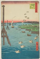 Blick auf die Shiba-Küste, mit hellblauem Wasser, Nr. 108 aus der Serie Hundert berühmte Ansichten von Edo