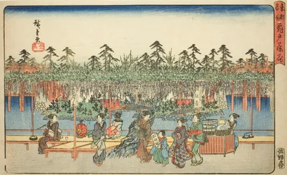 Blauregen in Kameido (Kameido Tenjin fuji hana), aus der Serie "Berühmte Orte in der östlichen Hauptstadt (Toto meisho)"