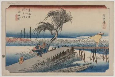 Yokkaichi: Blick auf den Mie-Fluss, aus der Serie Die dreiundfünfzig Stationen des Tokaido, um 1833-34