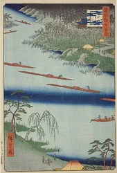 Zenkoji-Tempel und die Fähre bei Kawaguchi (Kawaguchi no watashi Zenkoji) mit dunkelblauem Streifen, Nr. 20 aus der Serie "Hundert berühmte Ansichten von Edo (Meisho Edo hyakkei)"