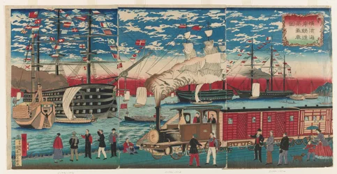 Bild einer Lokomotive entlang der Yokohama-Wasserfront, Yokohama, Edo-Periode