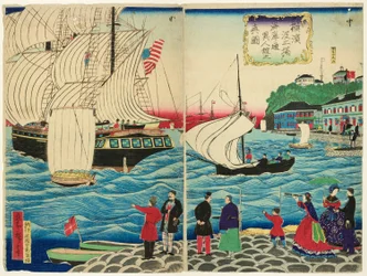 Wahre Ansicht der ausländischen Gebäude entlang der Uferpromenade, gesehen von den Yokohama-Docks (Yokohama hatoba yori kaigandori ijinkan no shinzu)