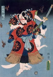 Bando Kamezo als Yokawa Kakuhan in einer Szene aus Sembonzakura, veröffentlicht 1856