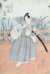 Der Schauspieler Bando Tokuke als Takahastu Yajuro, ein Samurai