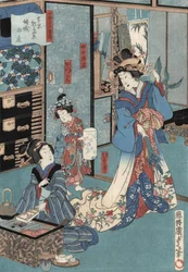 Ukiyo-e-Druck einer Geisha mit Hibachi von Kunisada II, ca. 1860
