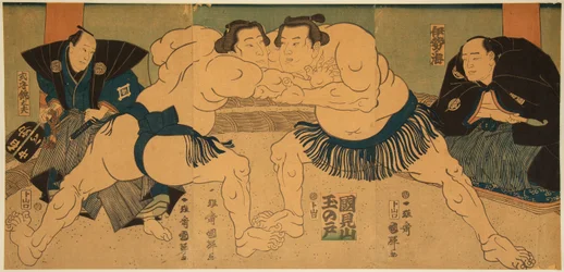 Kampf der Sumo-Ringer Tagasugo gegen Ayusegawa
