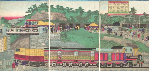 Illustration einer Dampflokomotive auf der Takanawa-Eisenbahn in Tokio