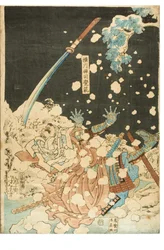 Tapferkeit verglichen mit Schnee, Mond und Blumen. Yokogawa Zenshi Kakuhan. Gefallener Krieger im Schnee