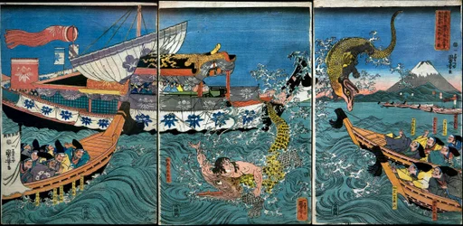 Asahina Yoshihides Kampf mit zwei Krokodilen im Meer vor Kamakura Kotsubo
