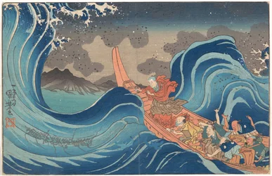 Kurze illustrierte Biografie des Mönchs Nichiren: Beruhigung der stürmischen See bei Tsunoda während der Verbannung auf die Insel Sado