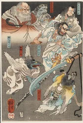 Minamoto Yoshitsune kämpft mit Benkei auf der Gojō-Brücke, mit Hilfe von Tengu-Dämonen