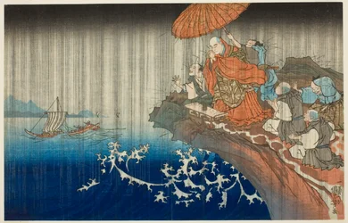 Gebet um Regen in Ryozengasaki in Kamakura, 1271, aus der Serie "Kompakte illustrierte Biografie des großen Priesters [Nichiren]"