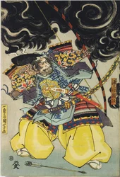 Blatt aus einem Farbholzschnitt-Triptychon, das Minamoto no Yorimasa zeigt, unterstützt von Ii Hayata und Watanabe Choshichi, wie er die nue vom Dach des Palastes von Kaiser Konoe abschießt: Japan, Edo, von Utagawa Kuniyoshi, ca. 1820 - 1825