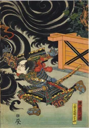 Blatt aus einem Farbholzschnitt-Triptychon, das Minamoto no Yorimasa darstellt, unterstützt von Ii Hayata und Watanabe Choshichi, wie er den Nue vom Dach des Palastes des Kaisers Konoe abschießt: Japan, Edo, von Utagawa Kuniyoshi, ca. 1820 - 1825