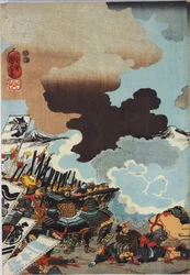 Blatt aus einem Farbholzschnitt-Triptychon mit dem Titel Eiroku yonnen kugatsu yokka Kawanakajima kassen ni Yamamoto Kansuke nyūdō no uchijini no zu